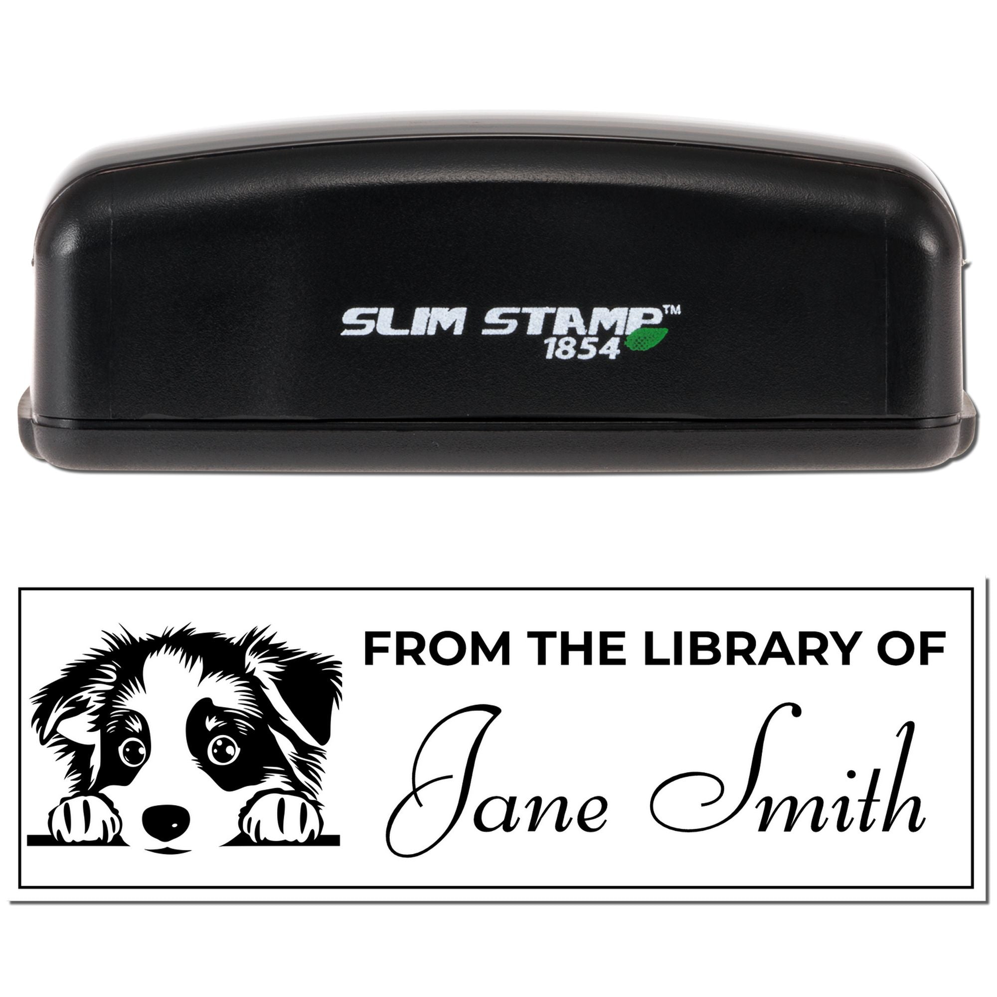 Slim Stamp 1854 custom self-inking library rubber stamp with dog bookplate design for From the Library of Jane Smith.