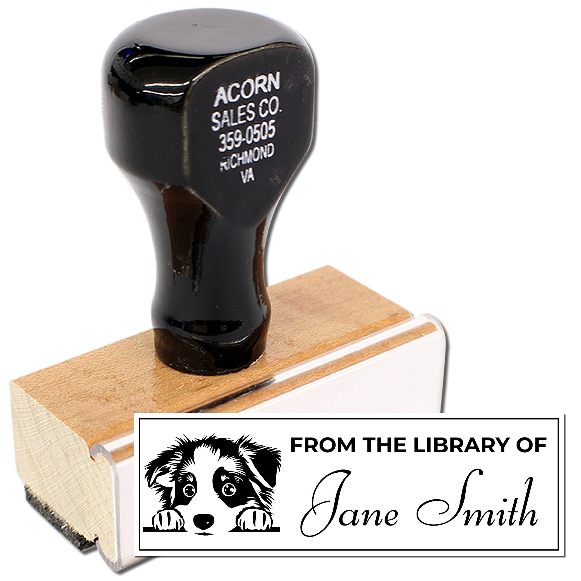 Personalized library rubber stamp with dog graphic and From the Library of Jane Smith imprint