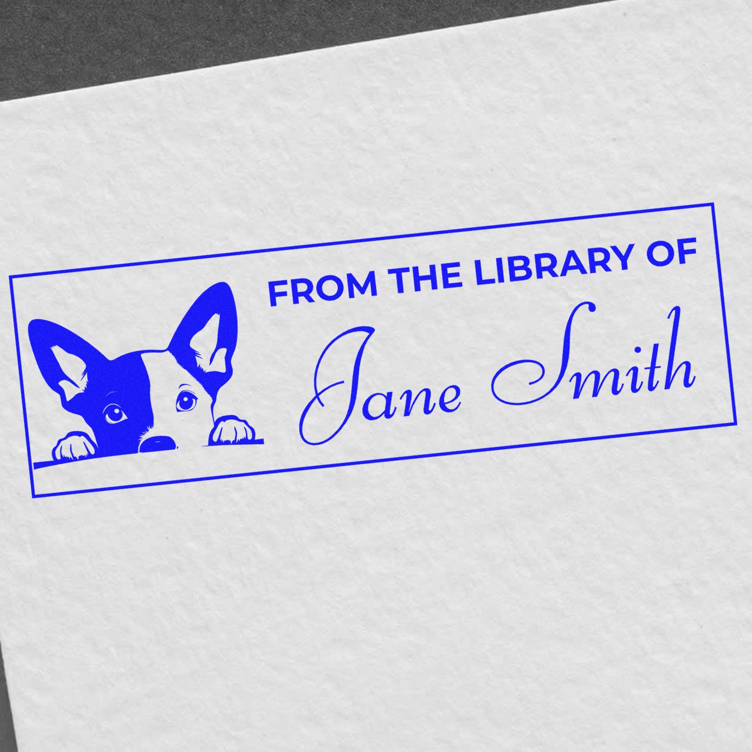 Personalized book stamp rubber stamp with dog design and From the Library Of Jane Smith text for library books.