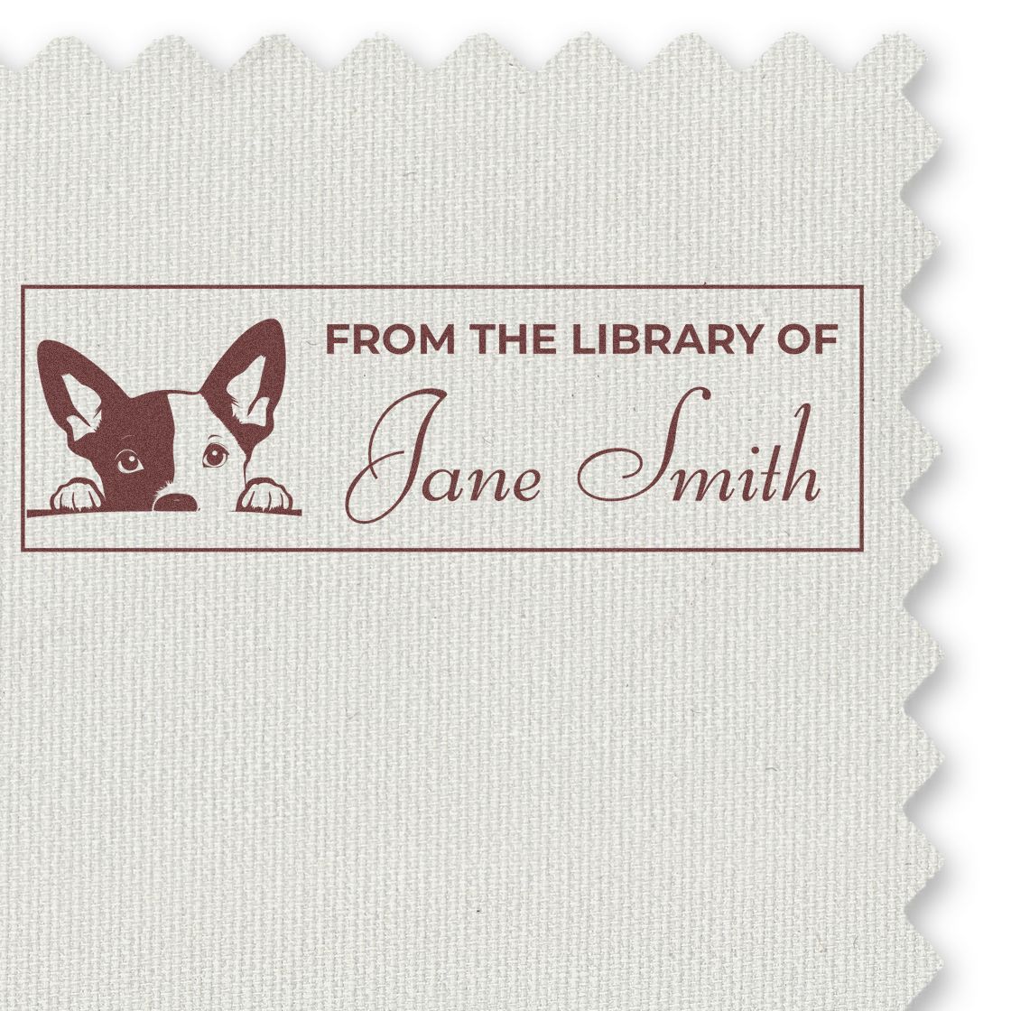 Custom rubber stamp bookplate reading From the Library of Jane Smith with a dog peeking design for personal library books.