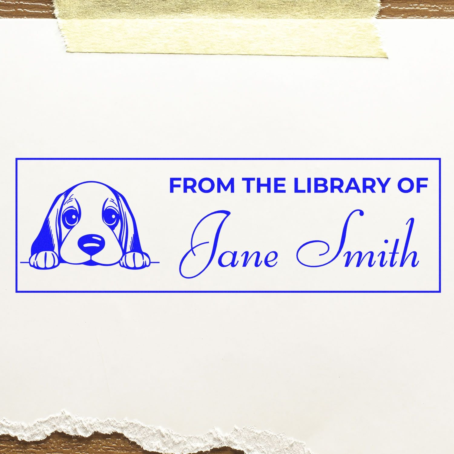 Custom From the Library of Jane Smith personal library rubber stamp with dog illustration for books and bookplates.