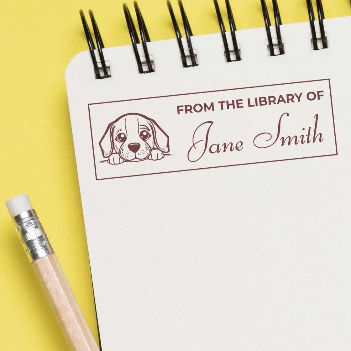 Dog-themed personalized library rubber stamp for Jane Smith, ideal for bookplates and marking book ownership.