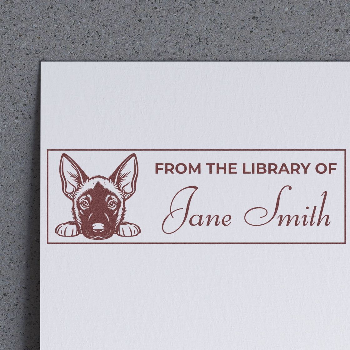 Custom From the Library of Jane Smith book stamp with dog illustration for personal library labeling.