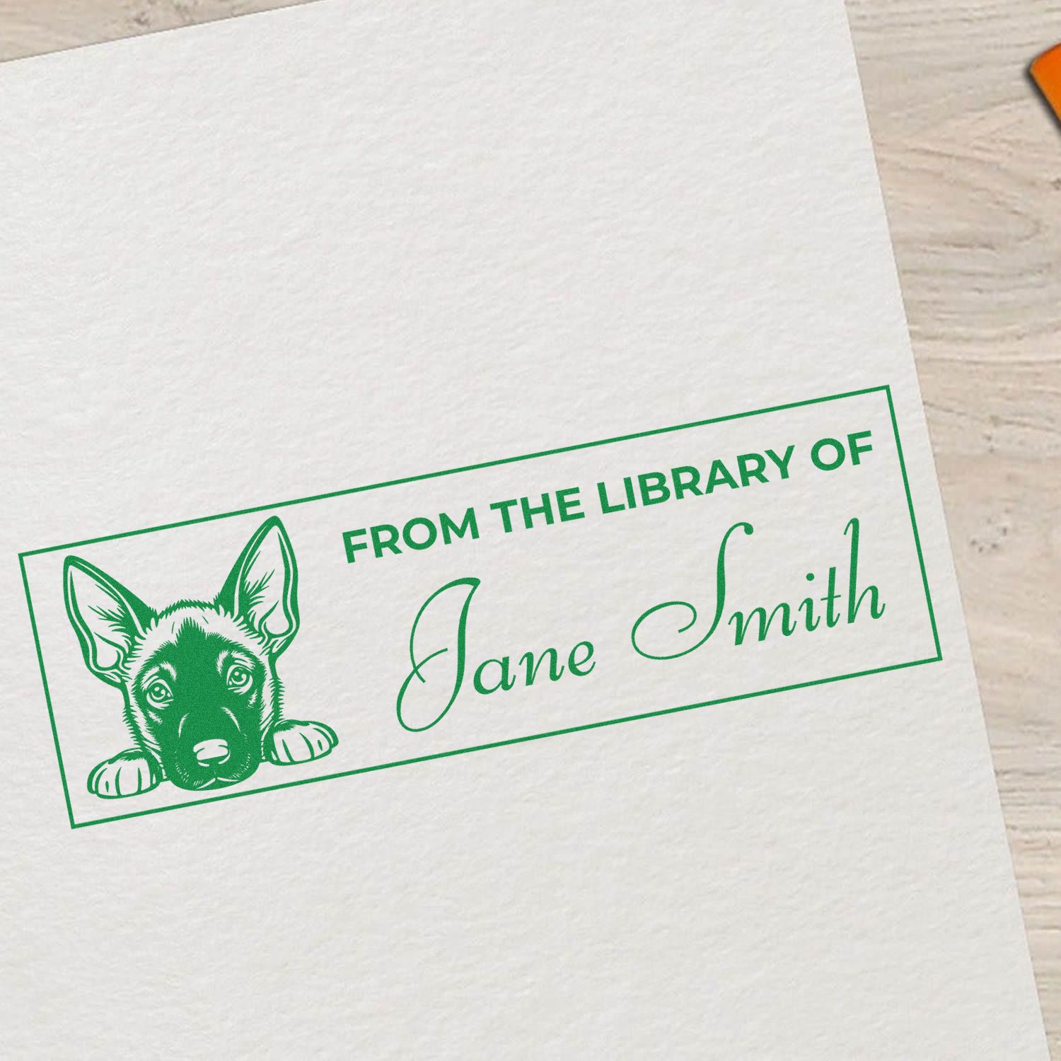 Custom rubber stamp for books, featuring a dog and From the Library of Jane Smith personalized bookplate in green ink.