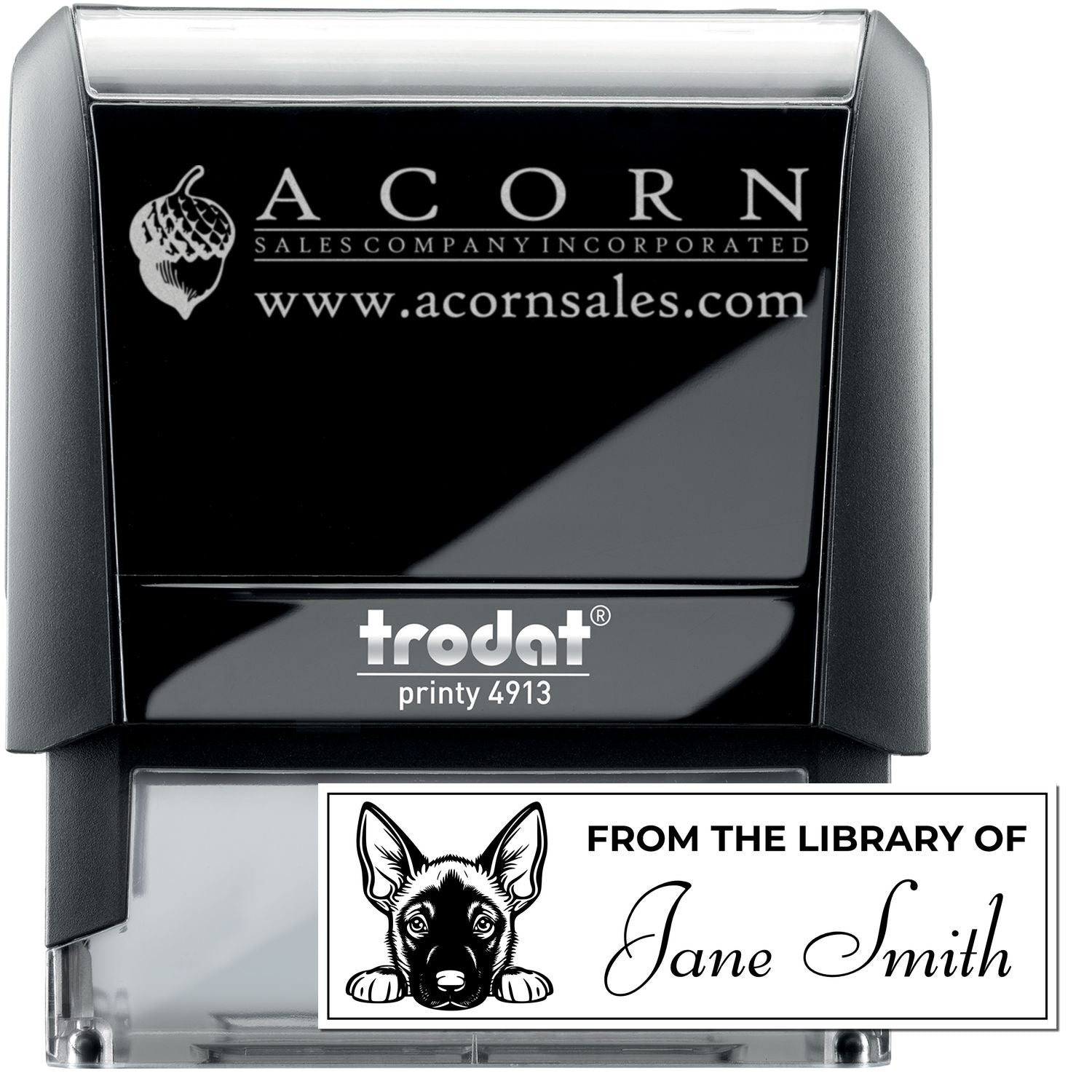 Custom self-inking rubber stamp, Trodat Printy 4913, with Acorn Sales logo and personalized From the Library of Jane Smith design.