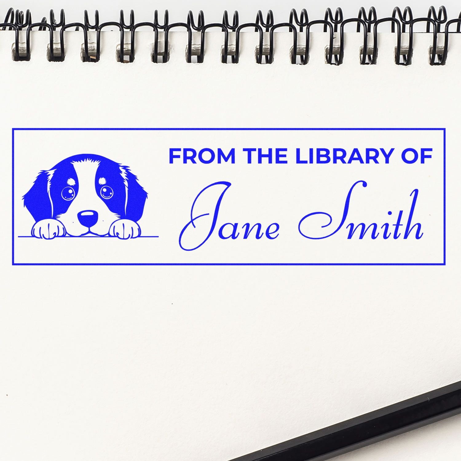 Personalized rubber stamp design with dog illustration and From the Library of Jane Smith text for custom book labels.