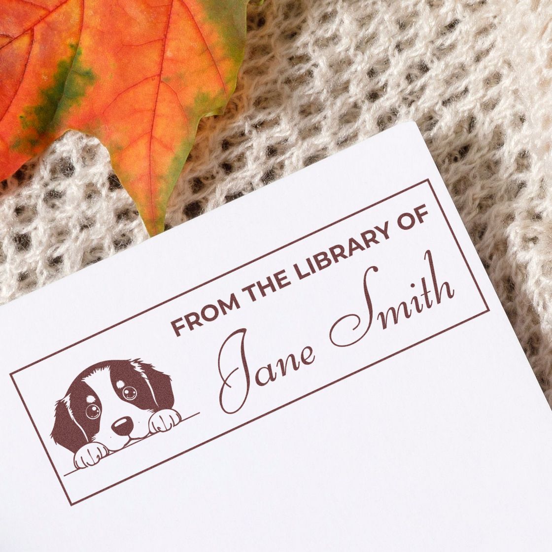 Personalized rubber book stamp with dog design and From the Library of Jane Smith for custom library books.