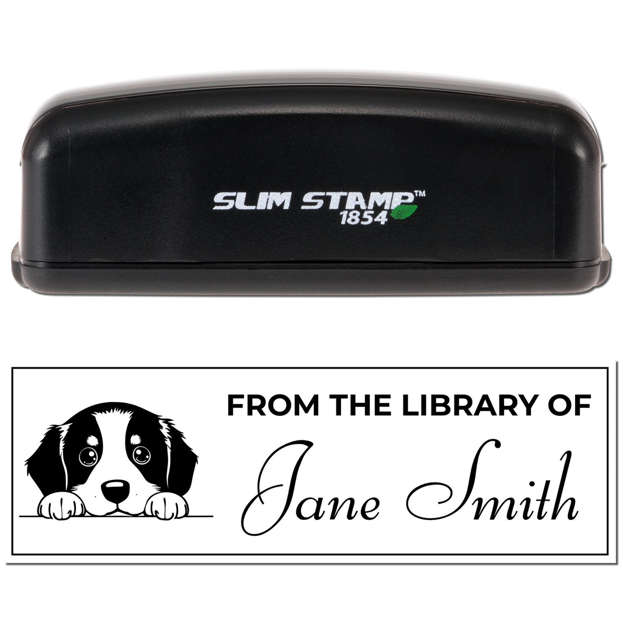 Custom Slim Stamp 1854 self-inking rubber stamp with dog art and personalized From the Library of Jane Smith book stamp.