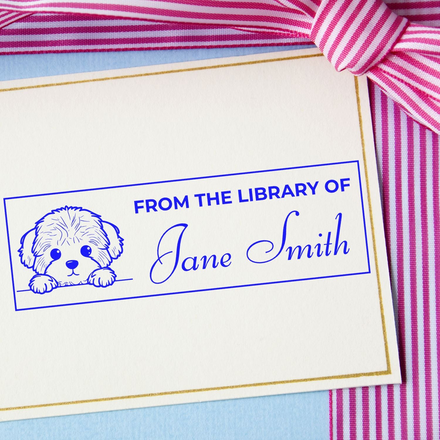 Personalized From the Library of rubber stamp with dog illustration and Jane Smith name for books and stationery.