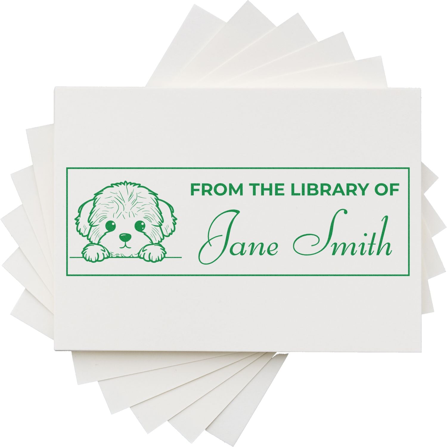 Custom library rubber stamp with dog illustration and From the Library of Jane Smith text for marking books.