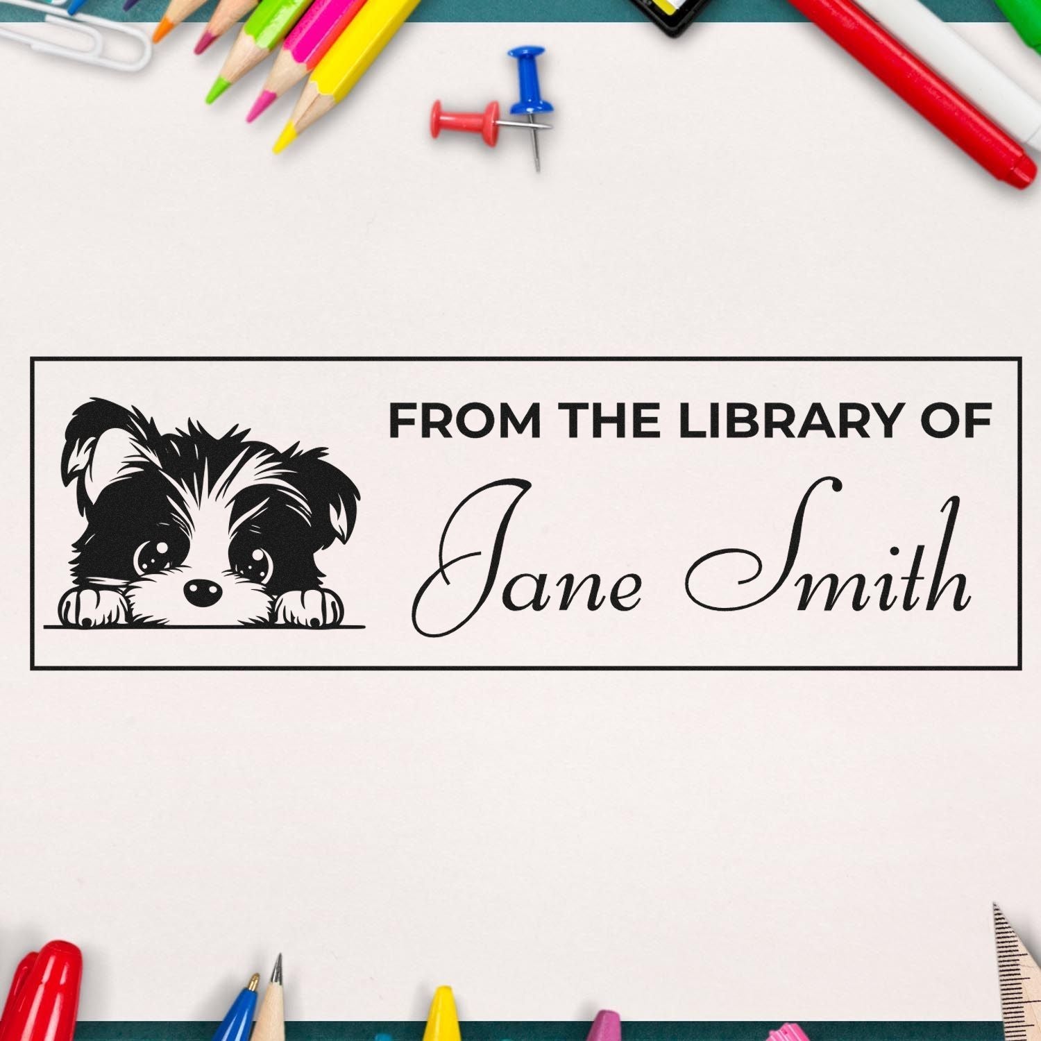 Custom dog library rubber stamp reading From the Library of Jane Smith for personalized book ownership marking.