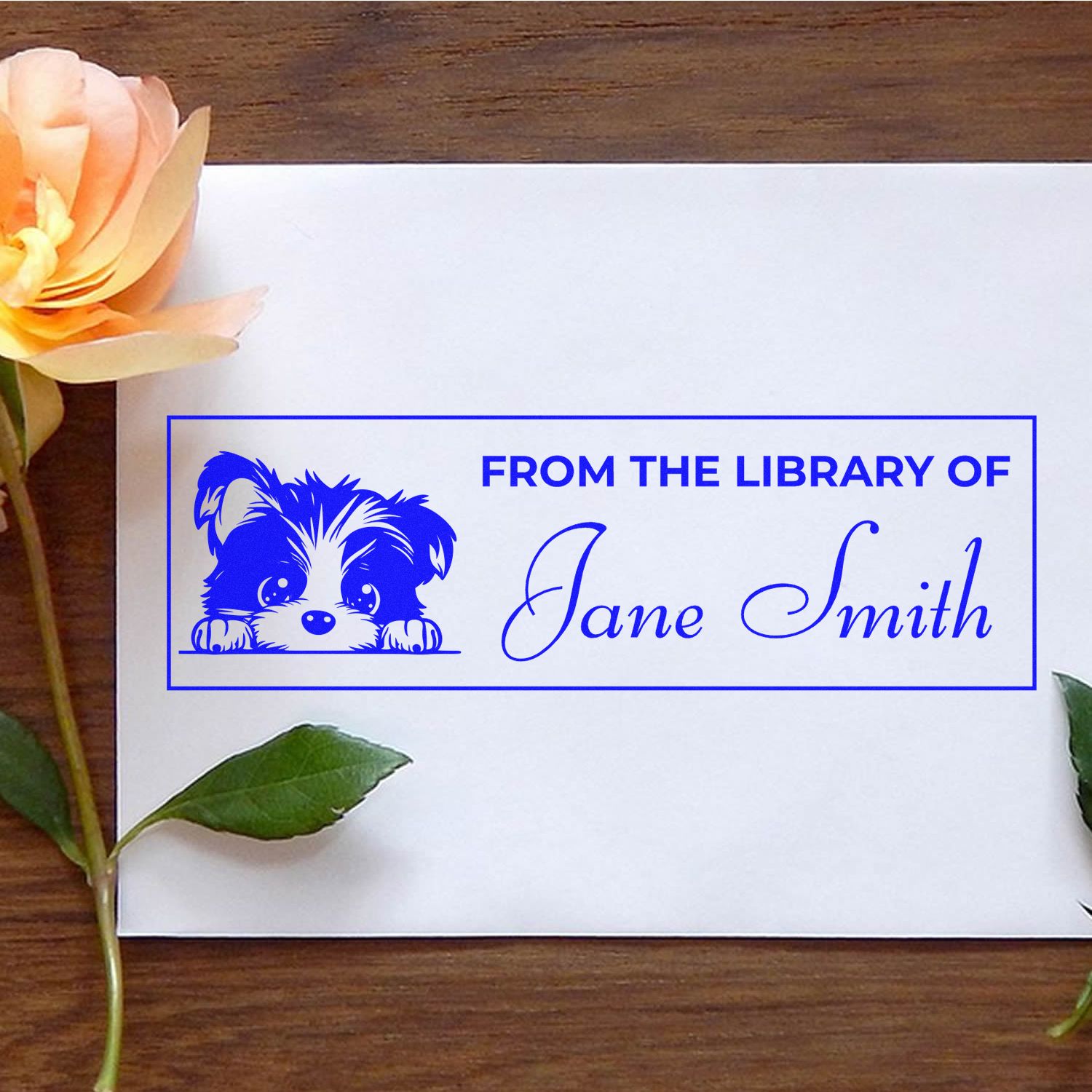 Custom dog bookplate rubber stamp with From the Library of Jane Smith for personalized book ownership and gifting.