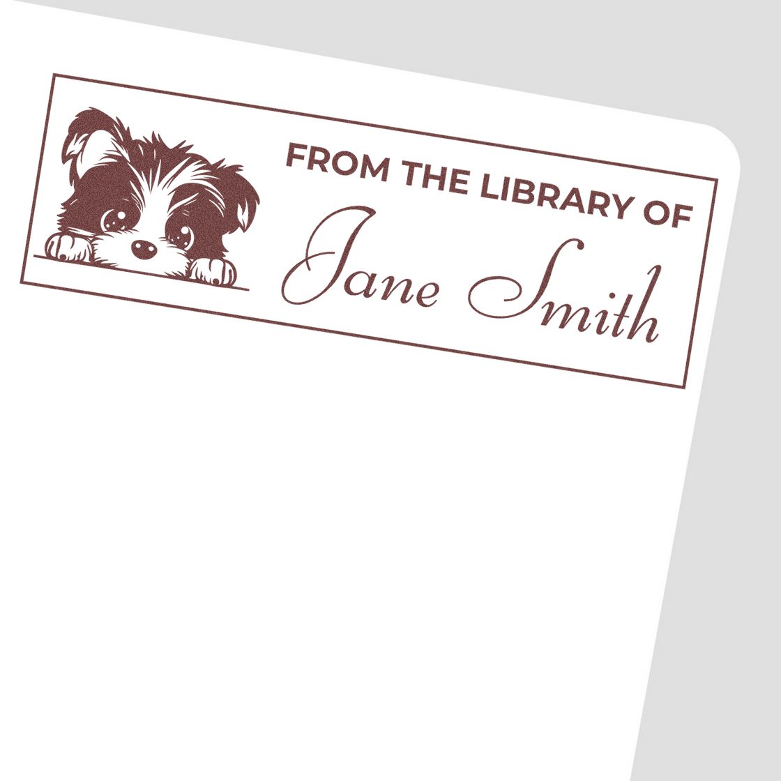 Personalized From the Library of Jane Smith rubber stamp with puppy illustration for custom book labeling and ex libris use