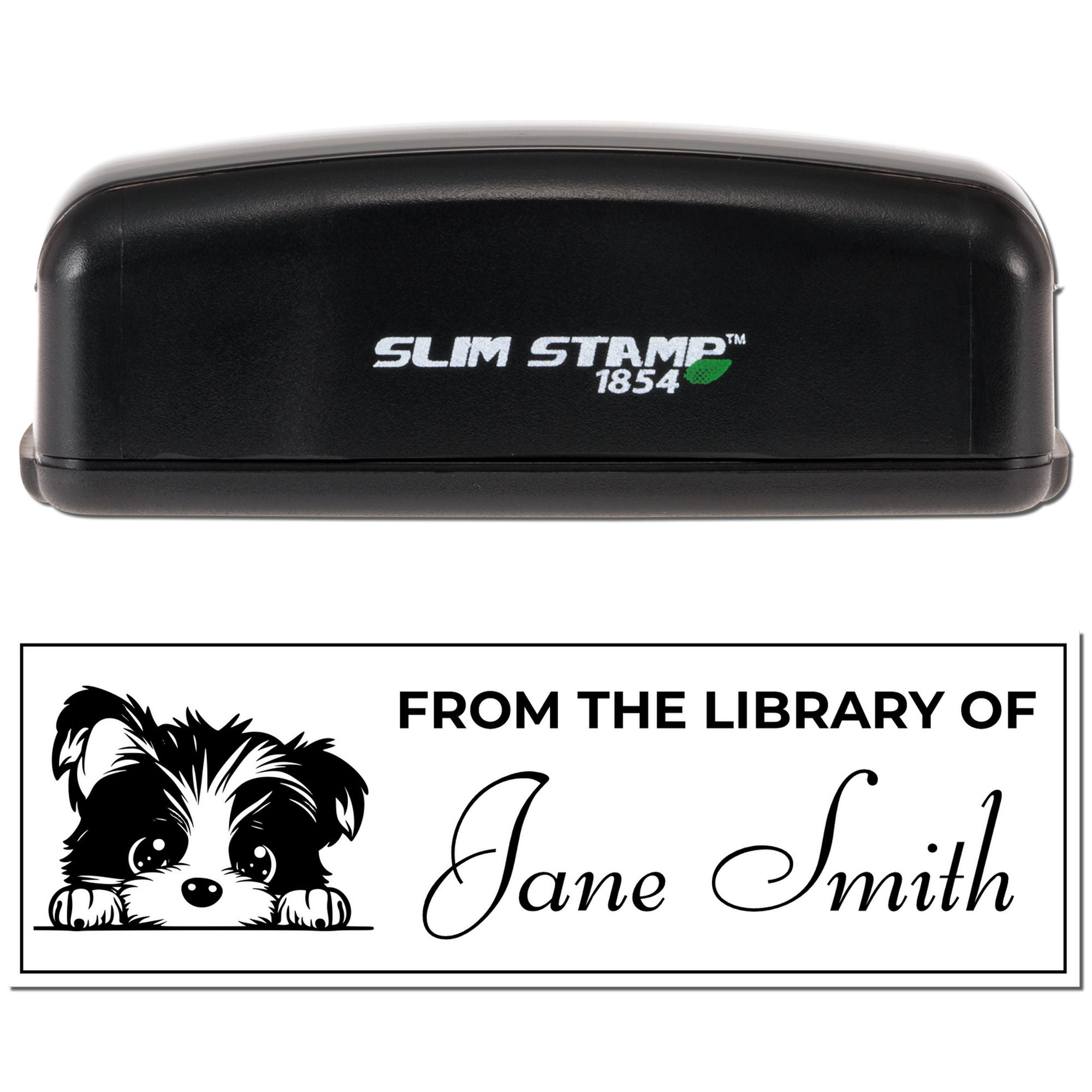 Custom Slim Stamp rubber stamp for books, with dog graphic and From the library of Jane Smith personalized library text.