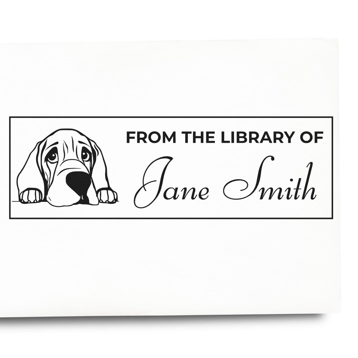 Personalized dog library rubber stamp reading From the Library of Jane Smith for book lovers and pet owners.