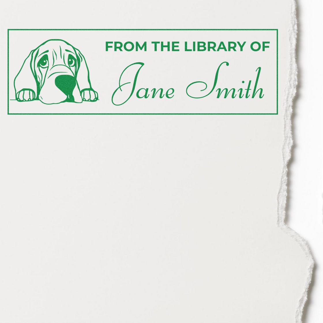 Custom bookplate rubber stamp reading From the Library of Jane Smith with dog illustration for personalized books.