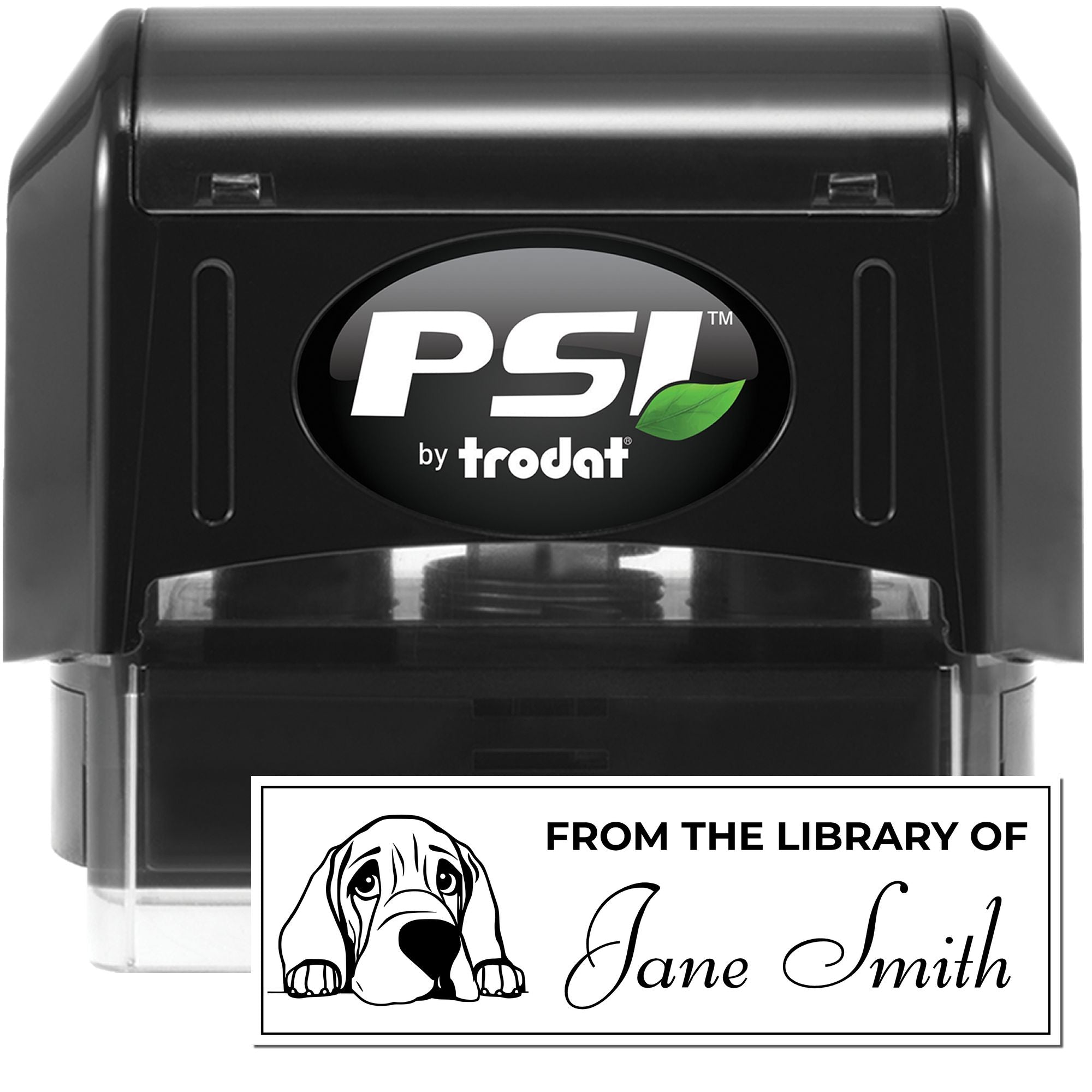 PSI by Trodat self-inking rubber stamp for personalized library books, featuring a custom dog bookplate and name imprint.