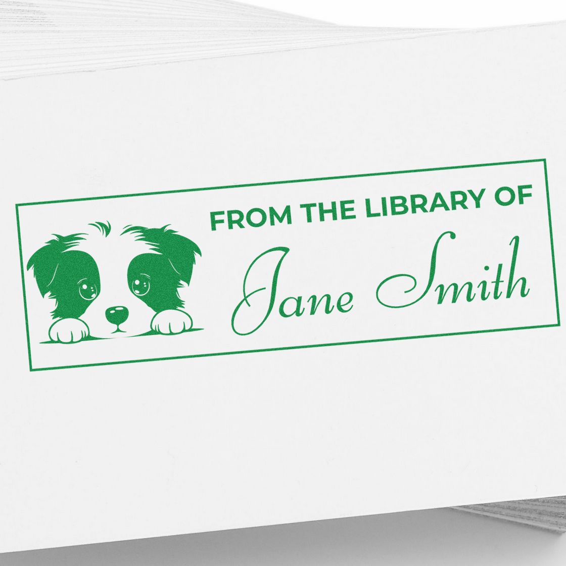 Personalized library rubber stamp with dog design and name, From the Library of Jane Smith for book labeling.