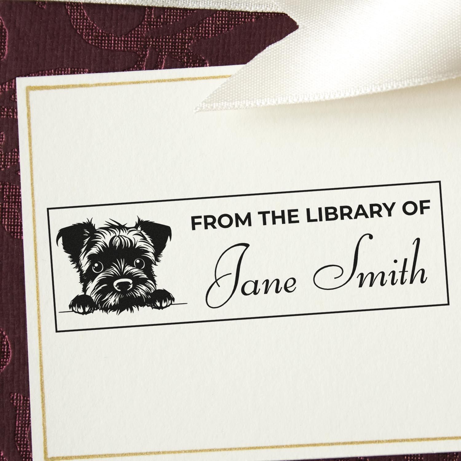 Personalized custom rubber stamp bookplate with dog illustration and From the Library of Jane Smith library label.