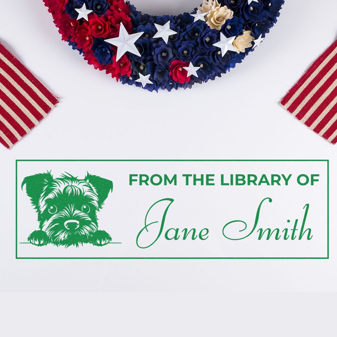 Personalized dog library rubber stamp reading From the Library of Jane Smith for marking books and stationery.