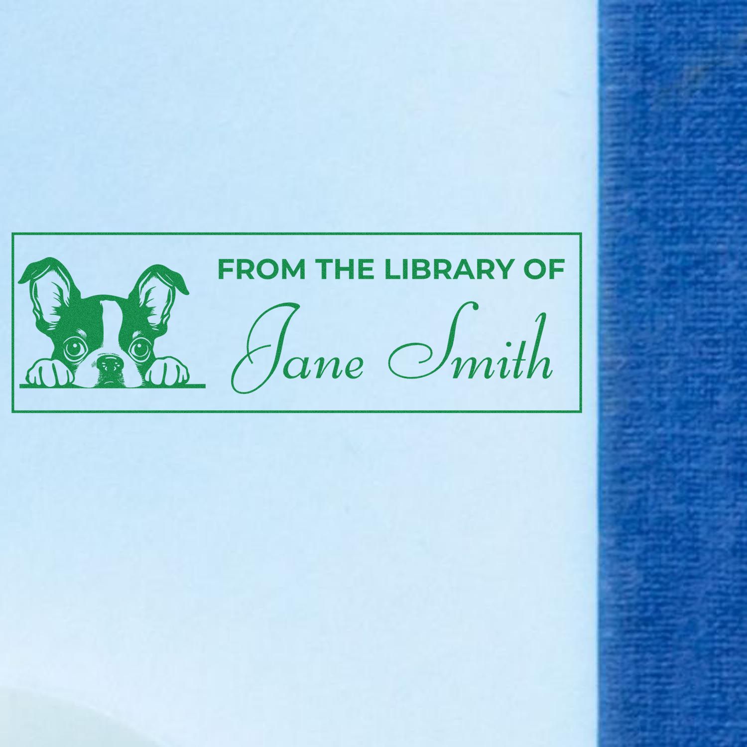 Custom dog library book rubber stamp reading From the Library of Jane Smith in green ink on paper.