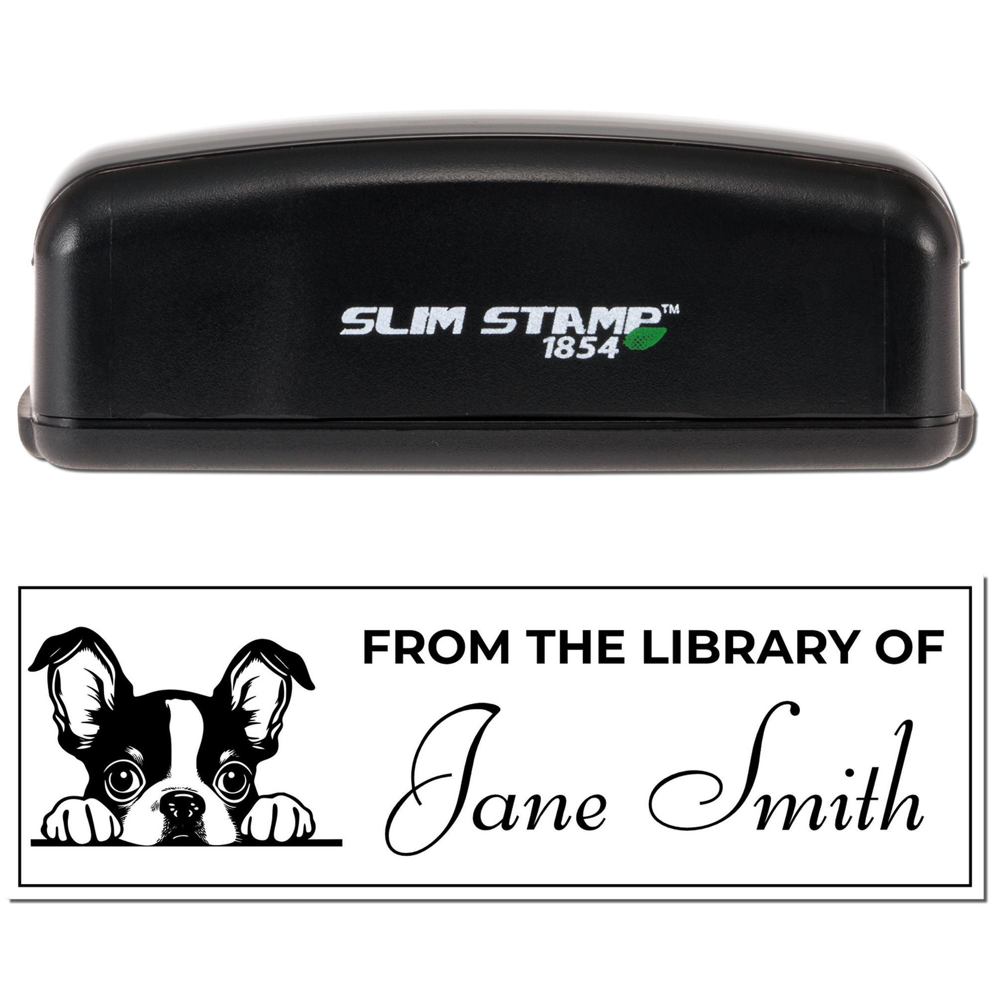 Personalized self-inking library rubber stamp with dog design and From the Library of Jane Smith text.