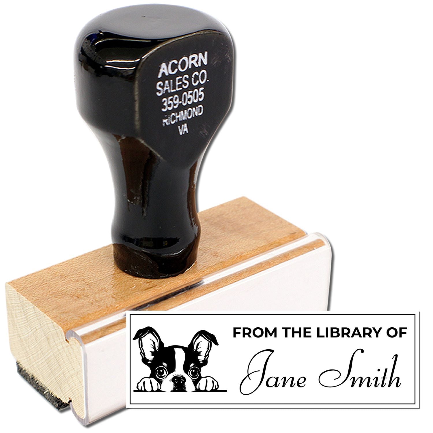 Personalized rubber library stamp with dog bookplate design, reading From the Library of Jane Smith for custom books.