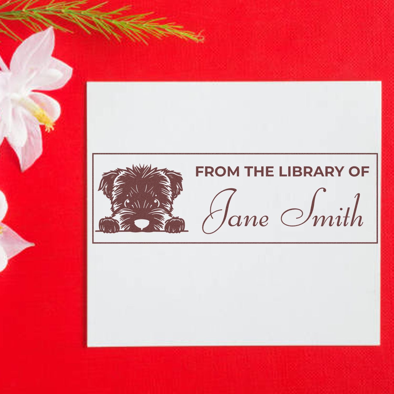 Personalized dog library rubber stamp reading From the Library of Jane Smith for custom bookplates and book ownership.