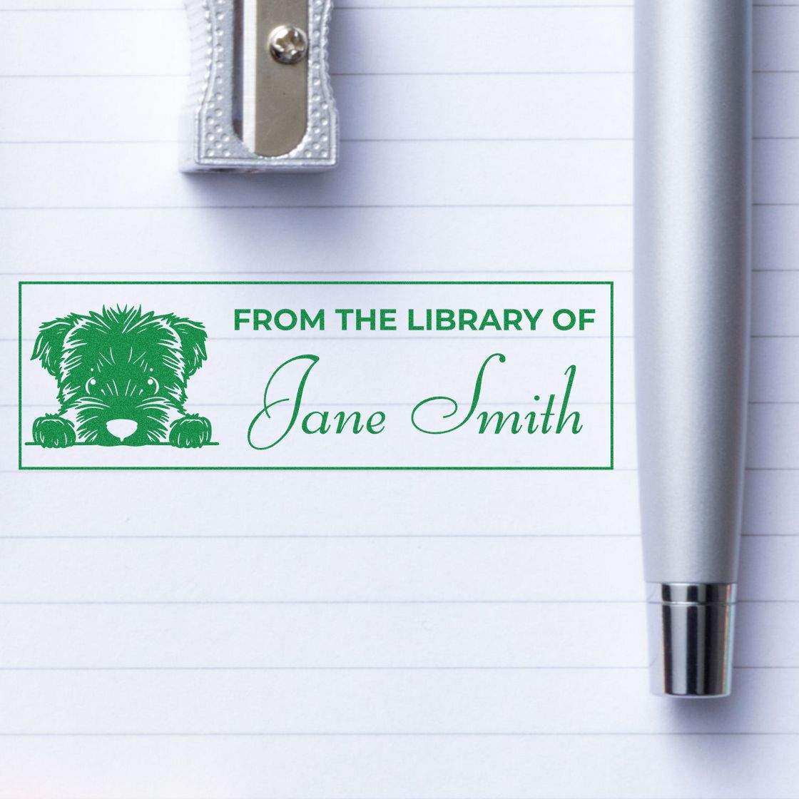 Personalized custom rubber library stamp with dog design and Jane Smith name for book ownership marking.