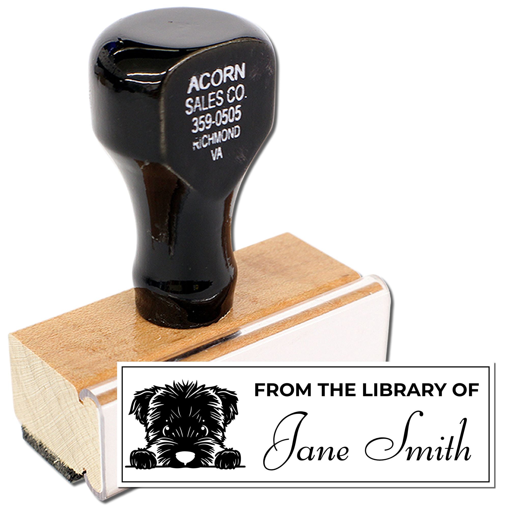 Personalized library rubber stamp with dog graphic and From the Library of Jane Smith book ownership text.