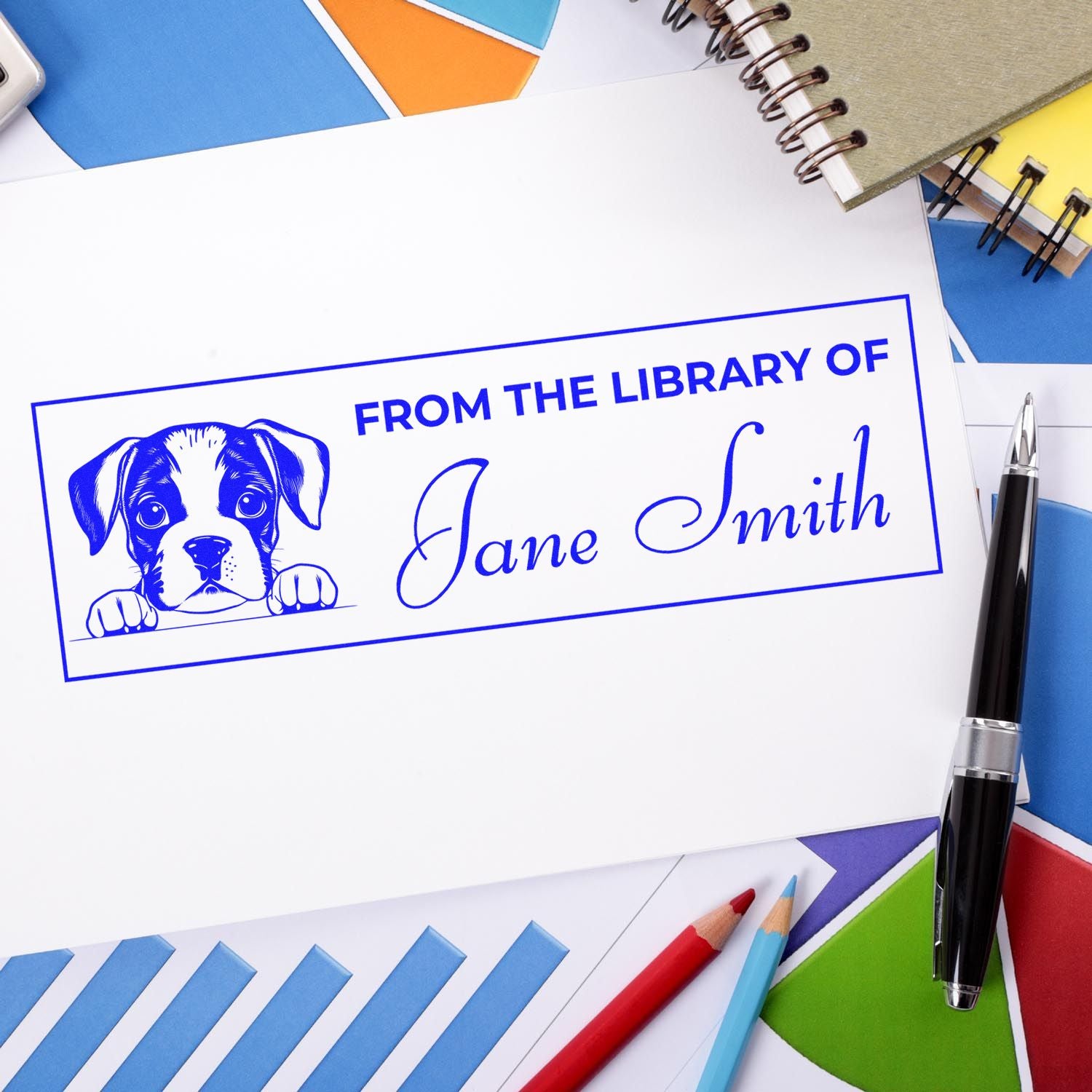 Personalized dog rubber stamp with From the Library of Jane Smith text, a custom book stamp for libraries and gifts.