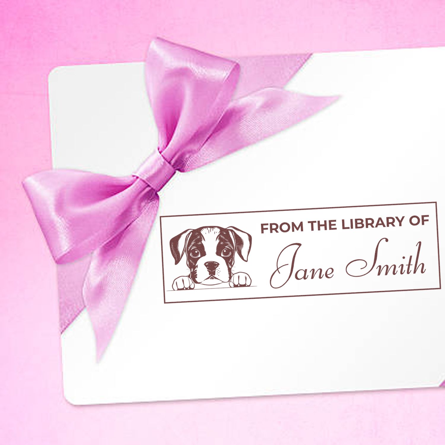 Custom library rubber stamp with dog illustration and Jane Smith name for personalized bookplates or stationery.