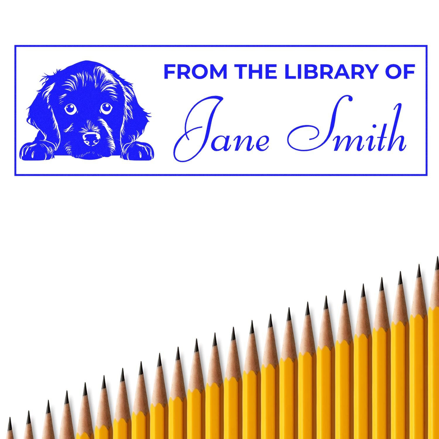Personalized dog library rubber stamp with From the Library of Jane Smith bookplate design for books.