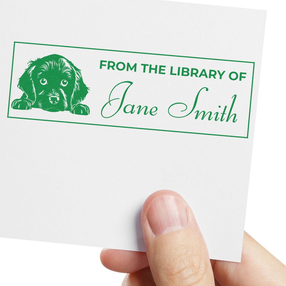 Custom rubber stamp design with dog illustration and From the Library of Jane Smith personalized bookplate stamp.