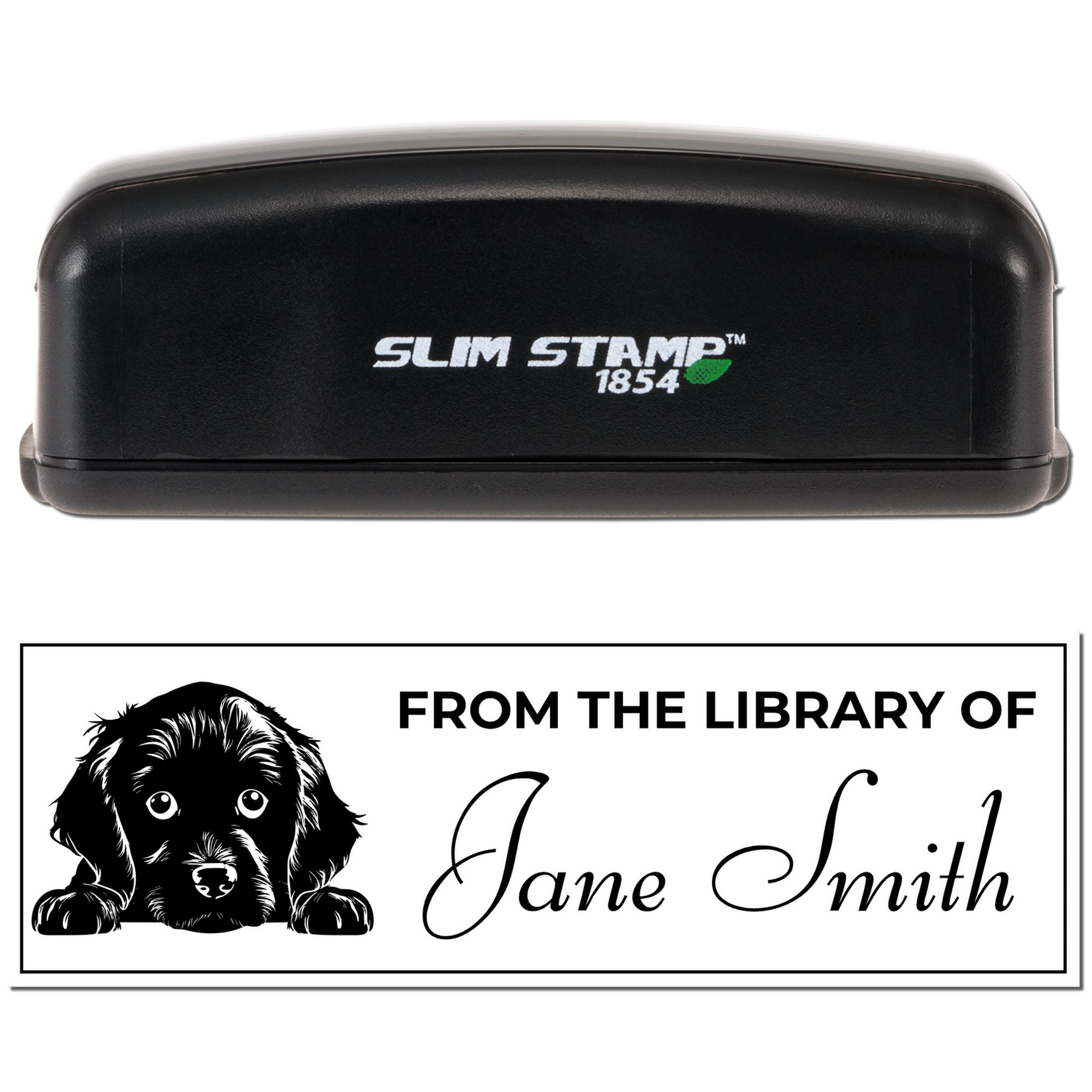 Custom self-inking rubber stamp with dog bookplate design and From the Library of Jane Smith for personalized library books
