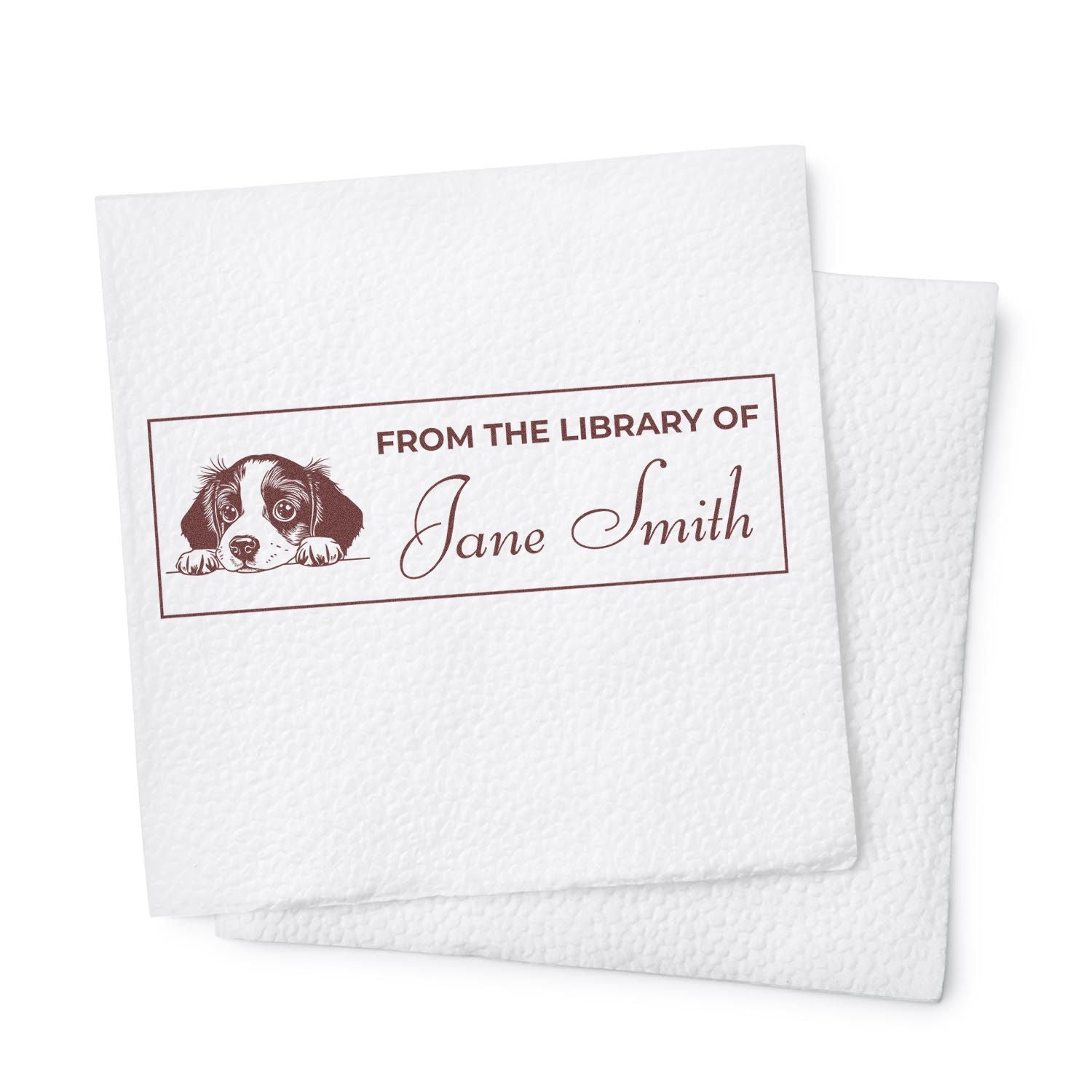 Personalized dog bookplate rubber stamp reading From the Library of Jane Smith for custom library books and gifts.