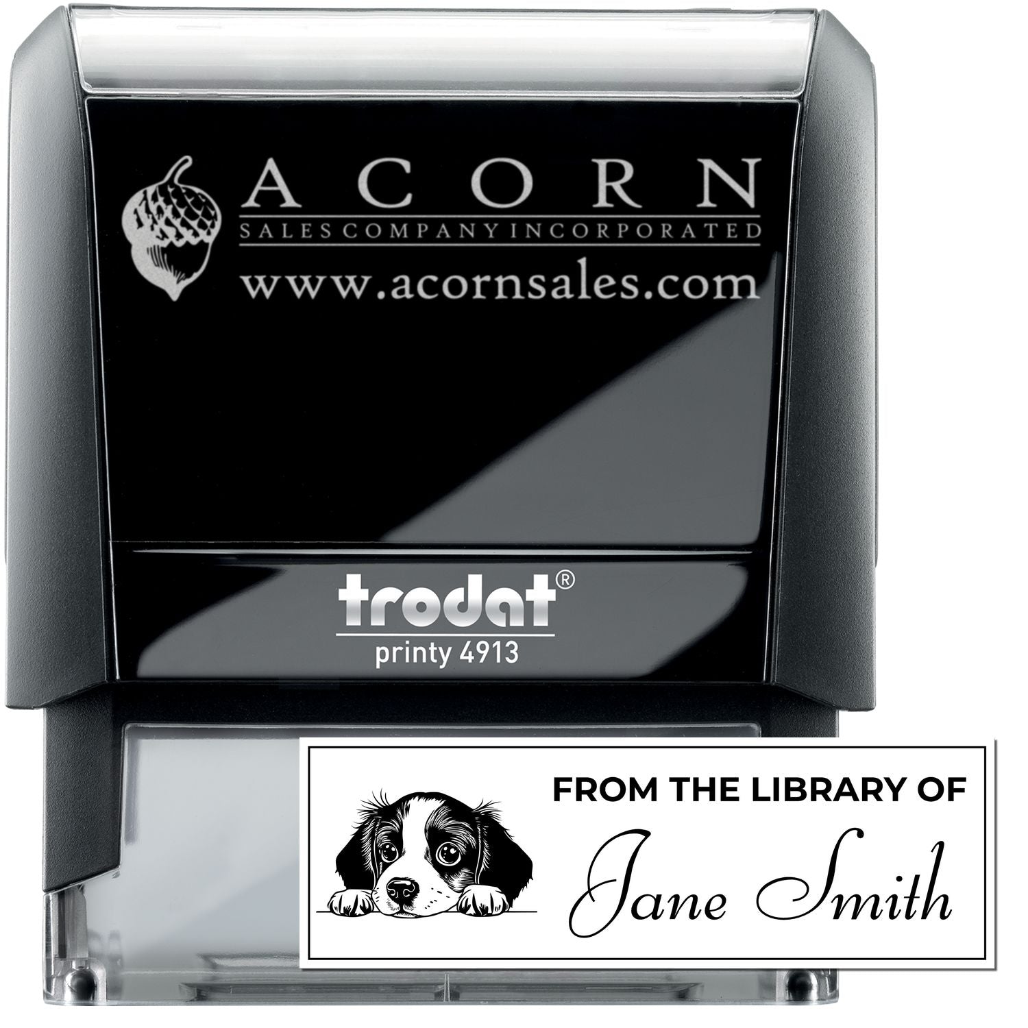 Trodat Printy 4913 self-inking rubber stamp with custom Acorn Sales logo and personalized From the Library of Jane Smith imprint