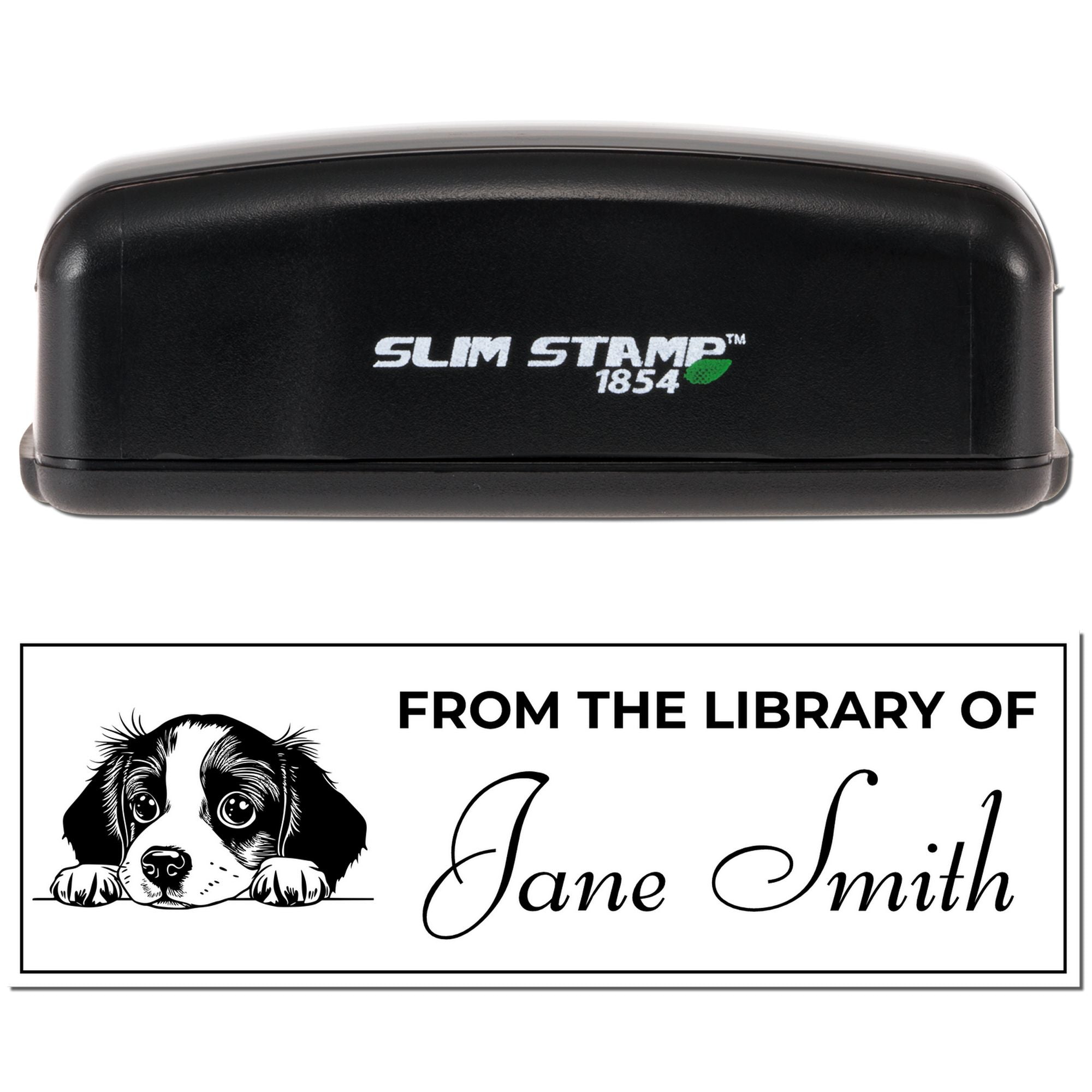 Personalized self-inking library rubber stamp with dog design, shown with Slim Stamp 1854 case and From the Library of Jane Smith imprint.