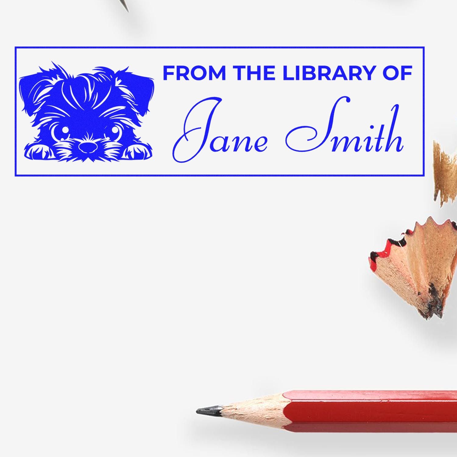 Personalized rubber stamp with dog illustration and From the Library of Jane Smith text for books and stationery.
