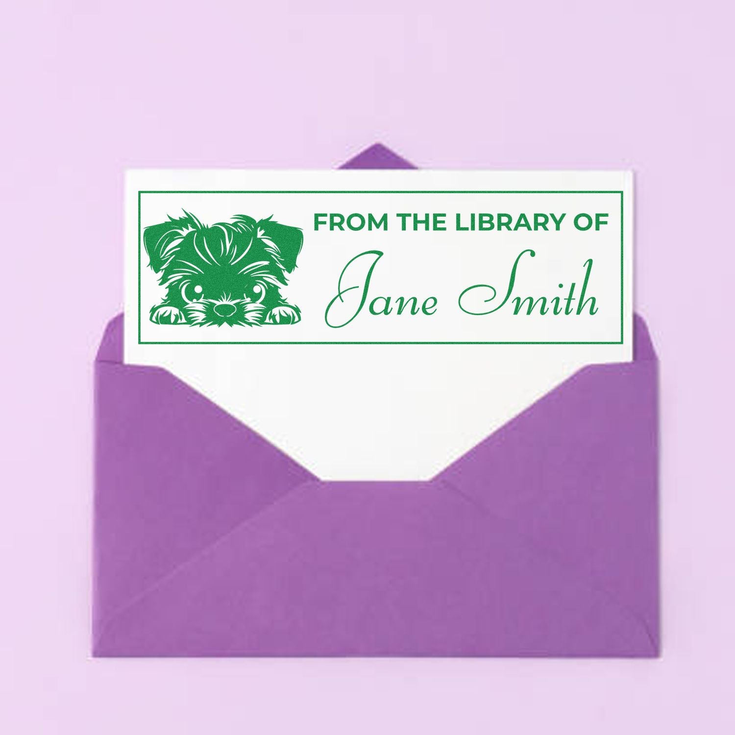 Custom rubber stamp bookplate reading "From the Library of Jane Smith" with dog illustration for personal books.