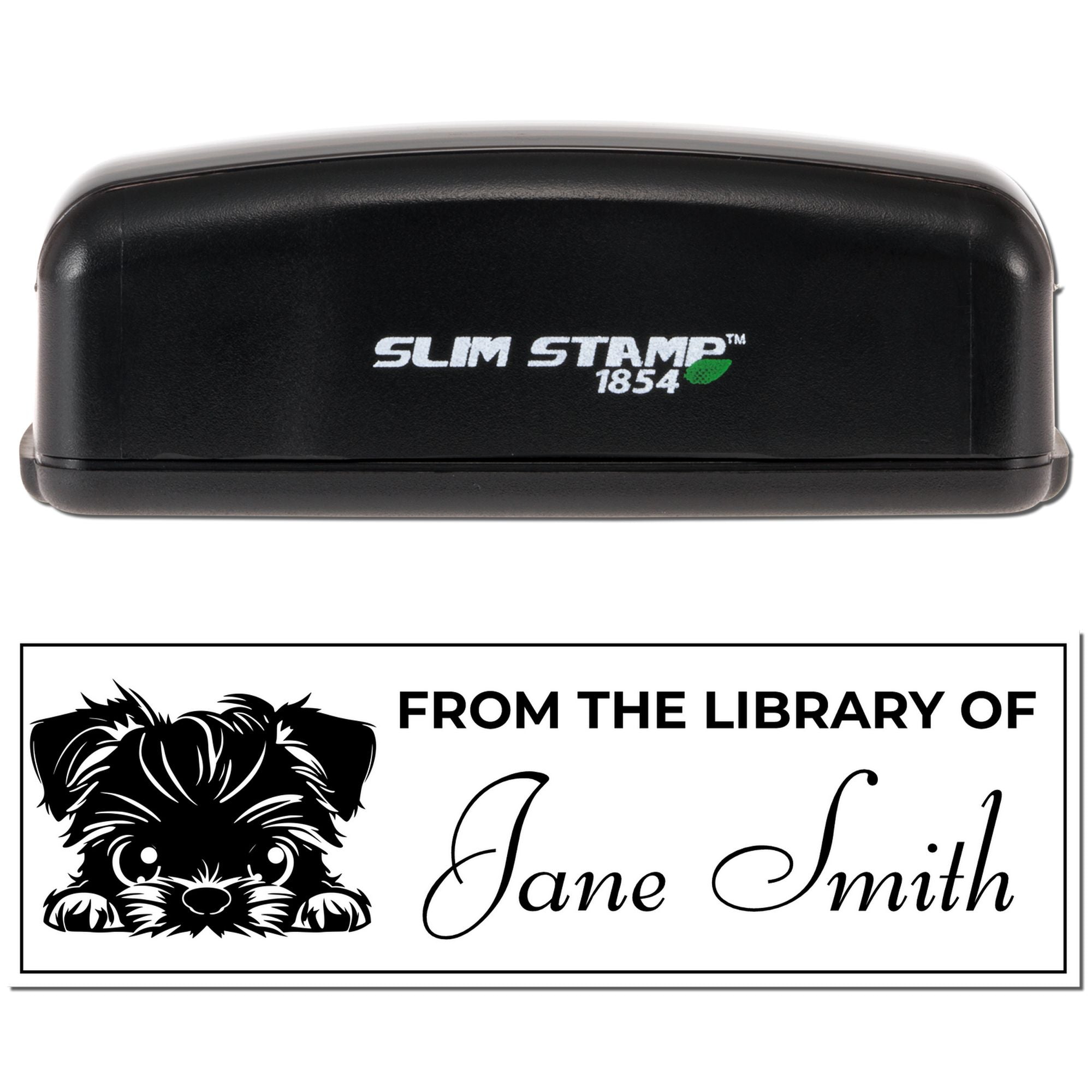 Custom self-inking rubber stamp and library stamp impression reading From the Library of Jane Smith with dog graphic.