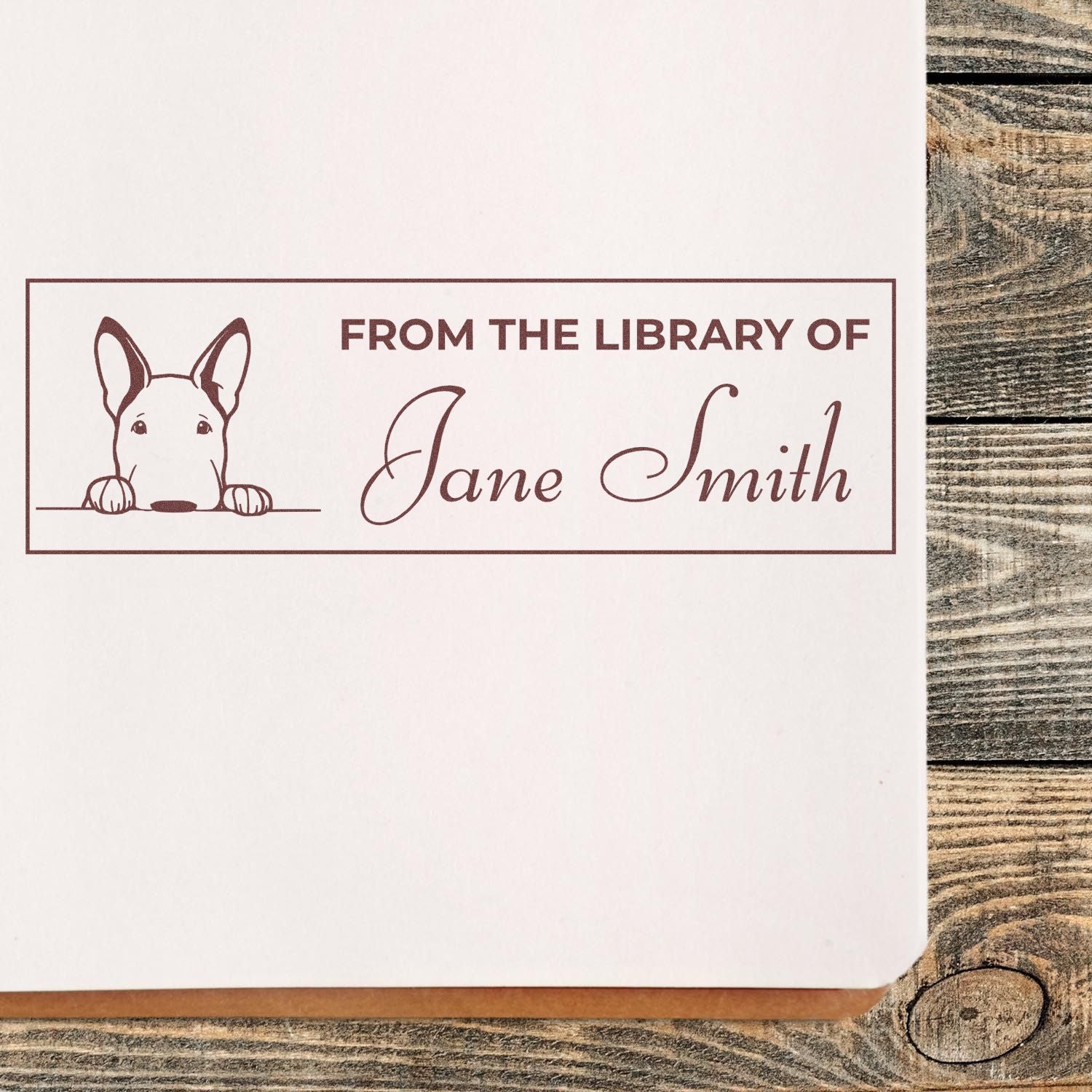 Custom personalized library stamp with dog, From the Library of Jane Smith book ownership imprint for stamping books.