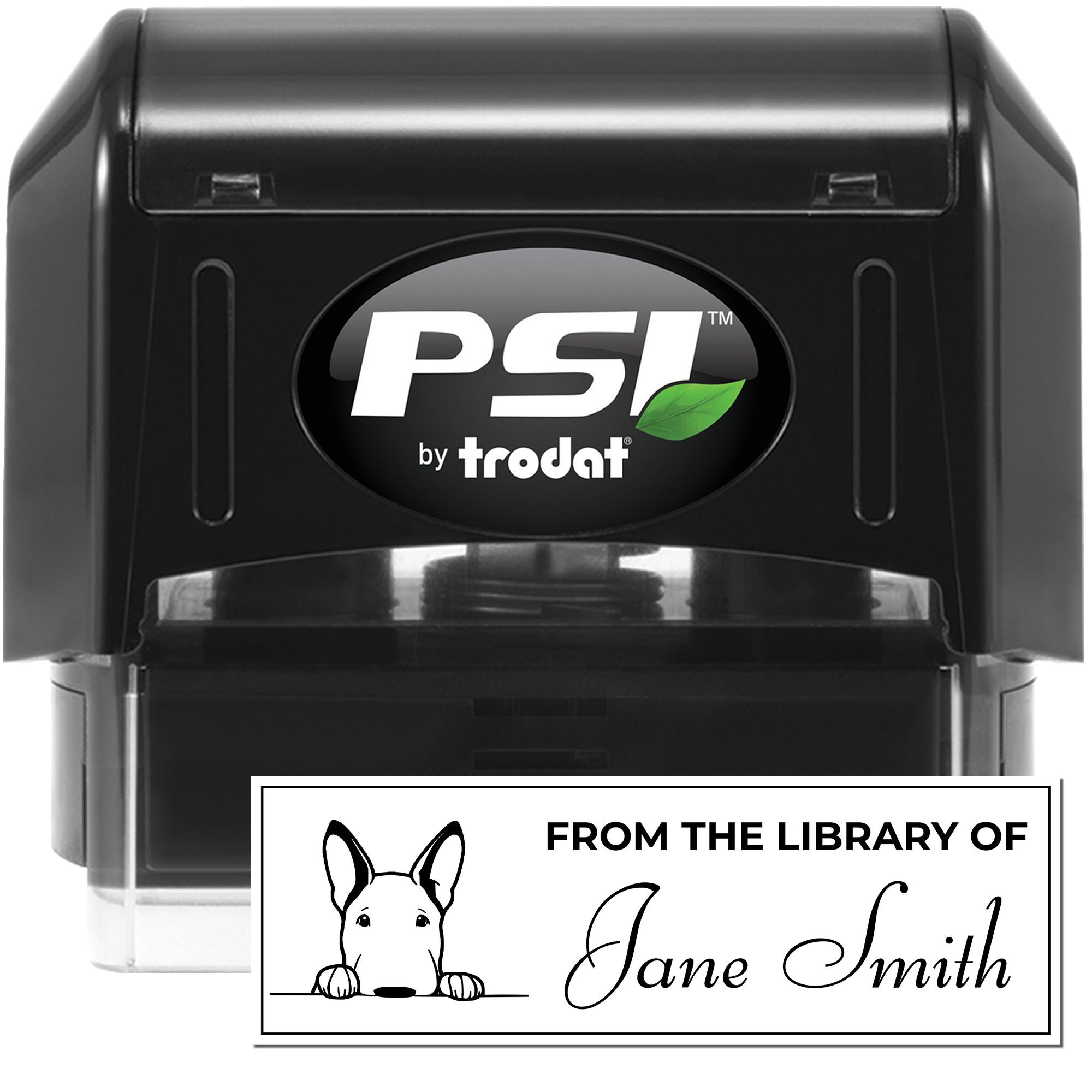 PSI by Trodat self-inking rubber stamp with custom From the Library of Jane Smith book ownership imprint for personal library marking