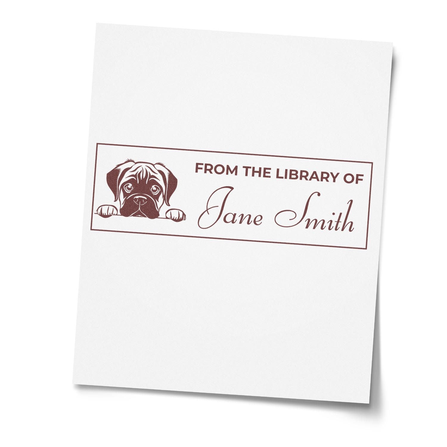Custom dog book stamp reading From the Library of Jane Smith for personal library identification and book ownership.