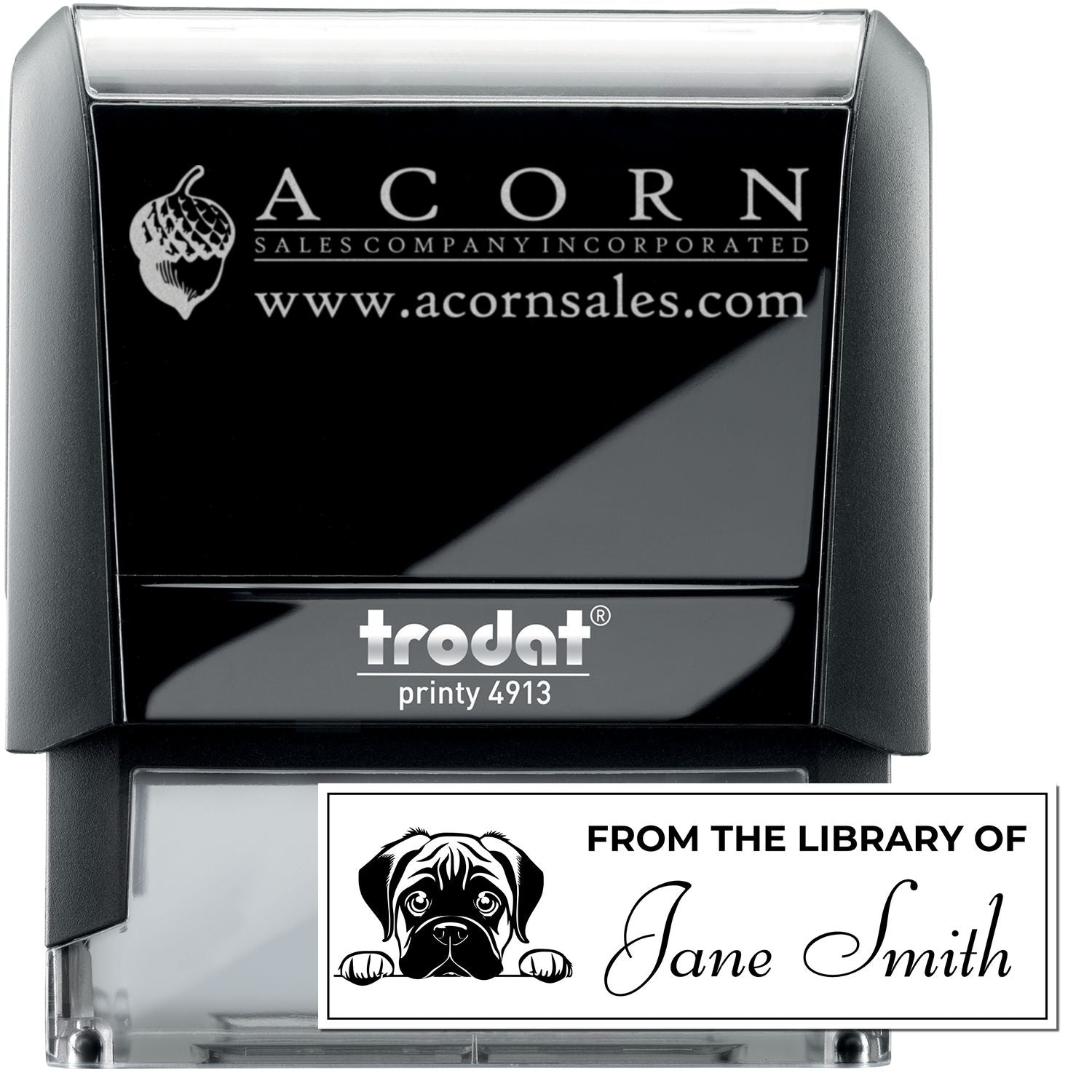 Custom self-inking rubber stamp with personalized library imprint and Trodat Printy 4913 for branding, mailing, and bookplate use.