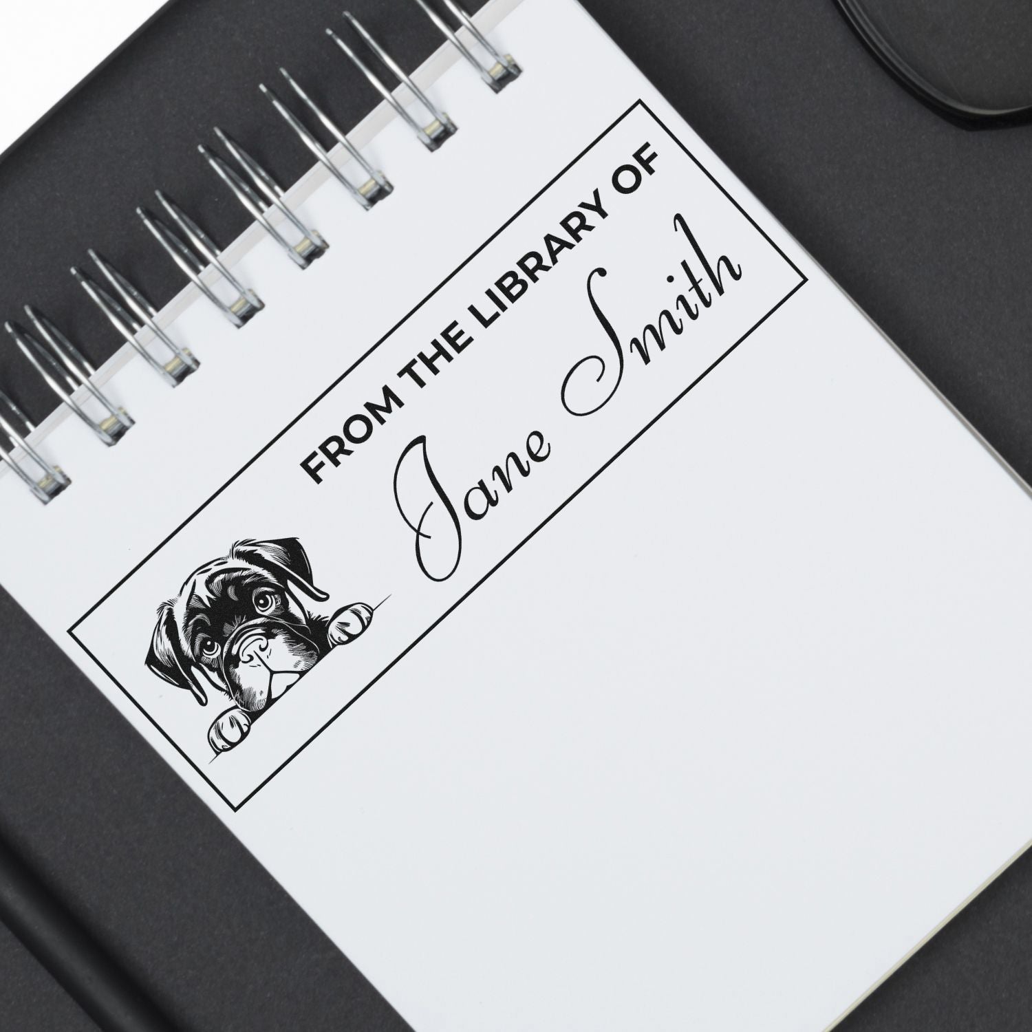 Custom personalized rubber stamp for books reading From the Library of Jane Smith with dog illustration, ex libris design.