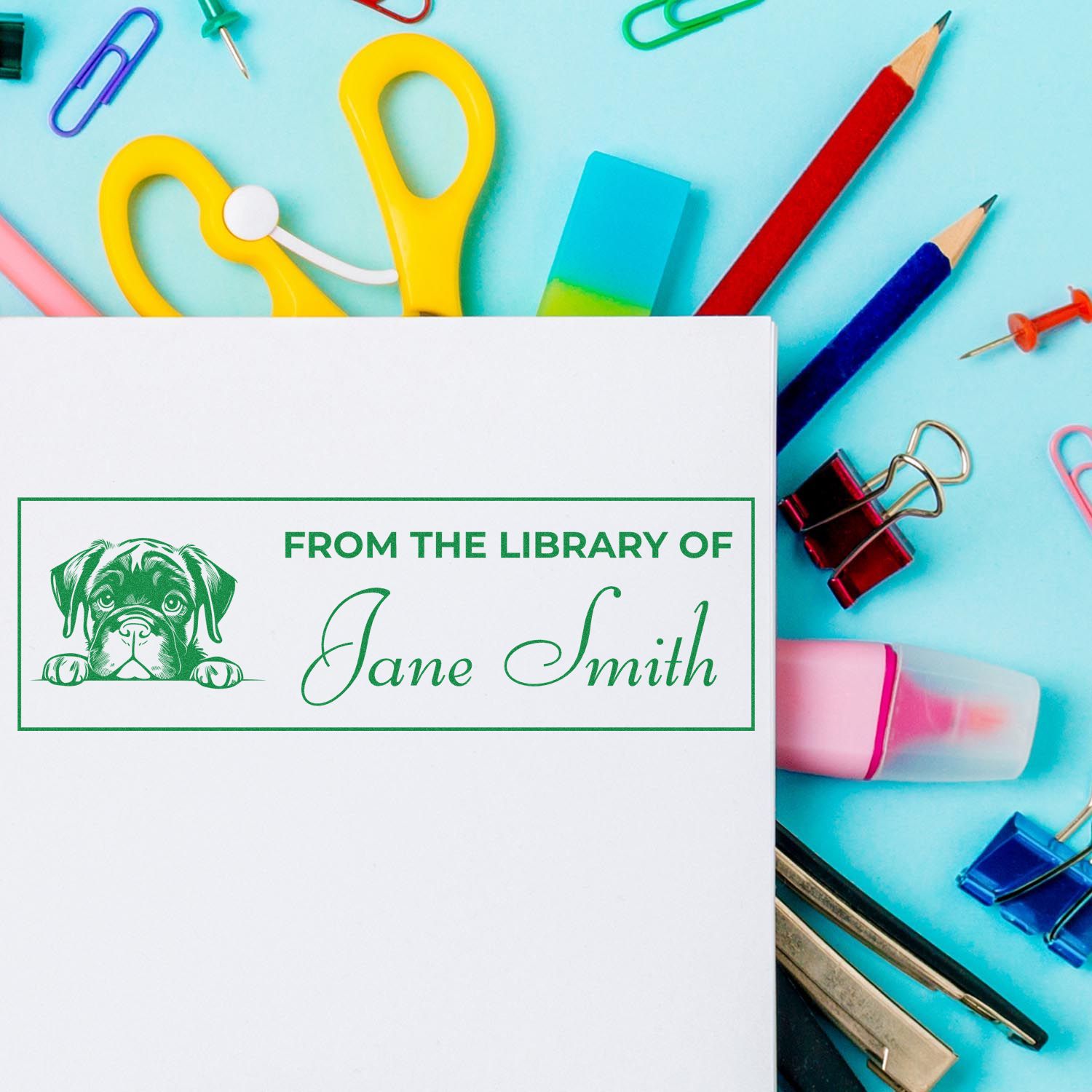 Personalized dog library rubber stamp with Jane Smith name, perfect for marking books and stationery.