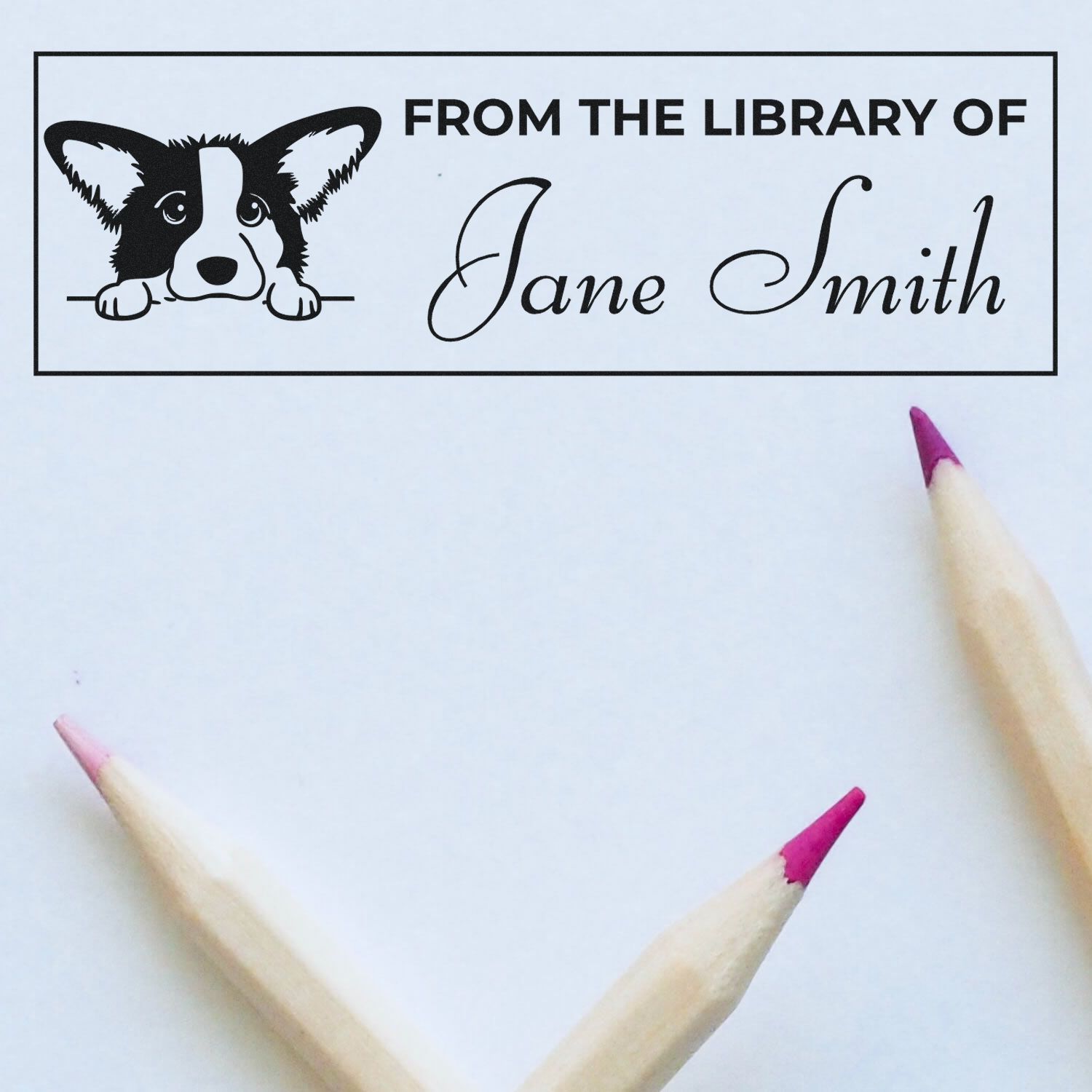 Personalized library rubber stamp with dog illustration and From the Library of Jane Smith custom book ownership text.