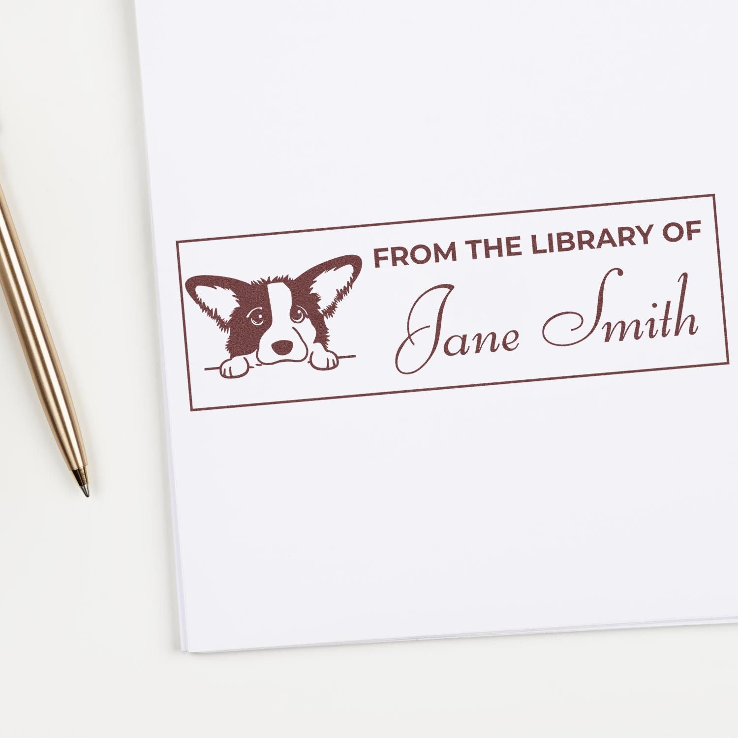 Custom corgi From the Library Of rubber book stamp for Jane Smith, perfect for personalizing library books.