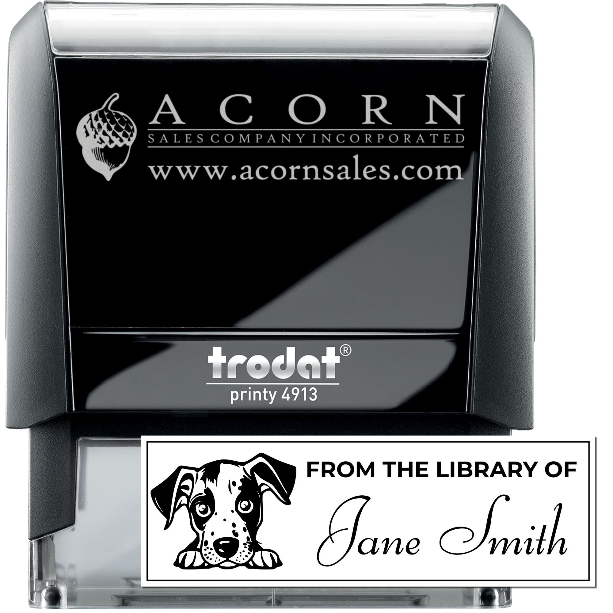 Custom self-inking rubber stamp with Acorn Sales Company logo and personalized library name design.